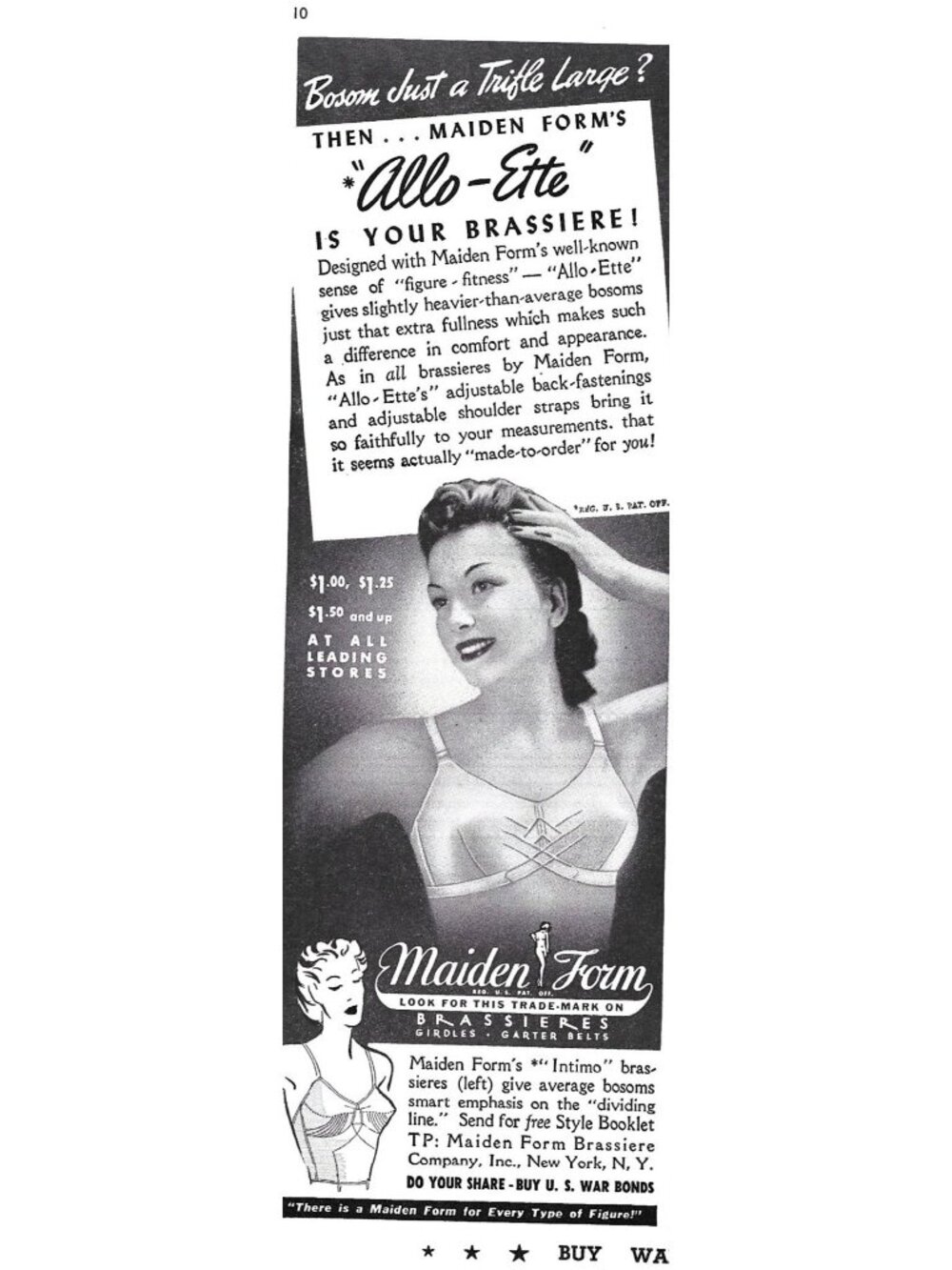 Print Ad Maiden Form Allo-Ette Brassiere Adjustable Straps 1942 Vintage Lingerie